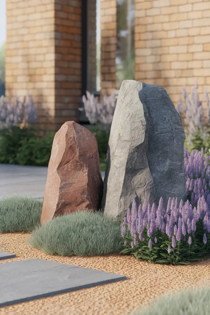 Front yard rock landscaping with three grouped granite boulders and salvia