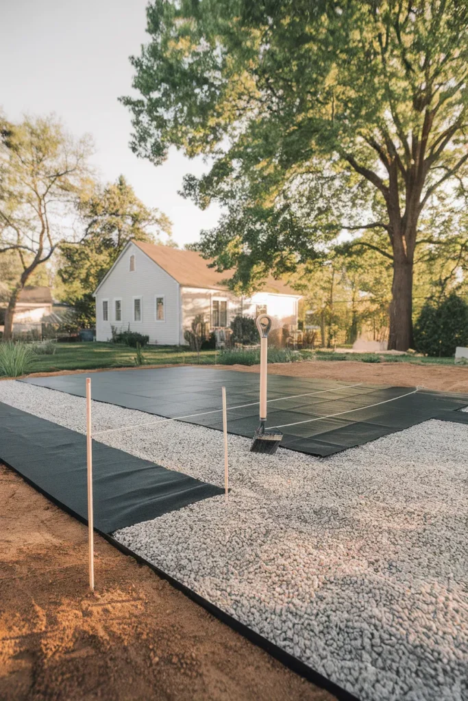 Gravel and landscape fabric base prep under a ground level floating deck
