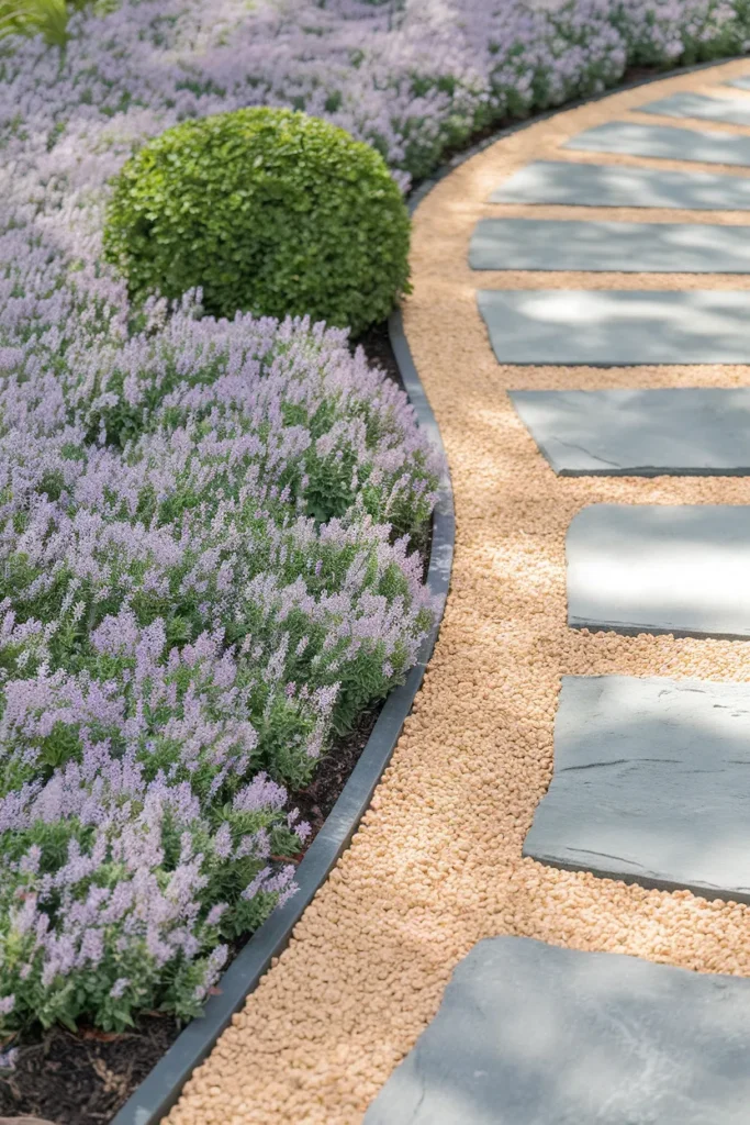 Gravel, flagstone, and creeping thyme in a low maintenance front yard landscaping design