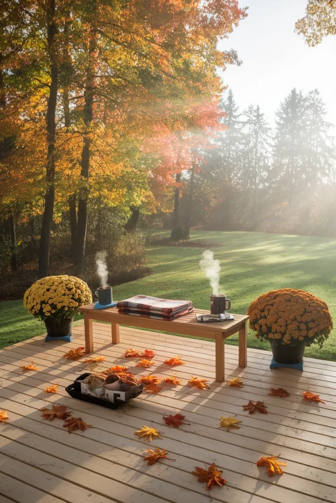 Ground level deck styled for fall with mums, a bench, and morning coffee