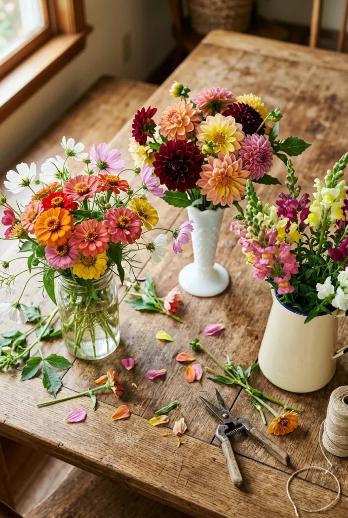 Homegrown bouquets from a cut flower container garden in mason jar and enamel pitcher