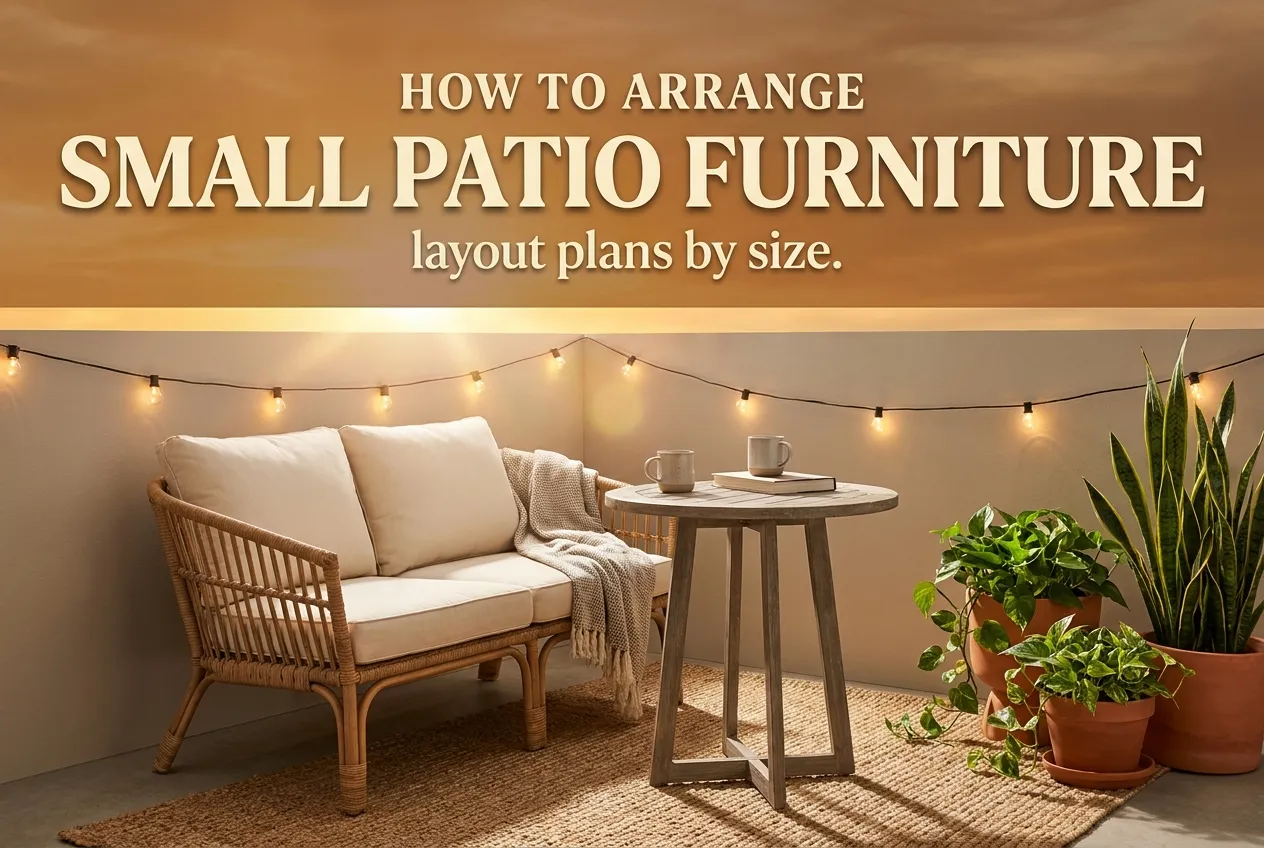 How to arrange small patio furniture layout, cozy 8x10 patio at golden hour