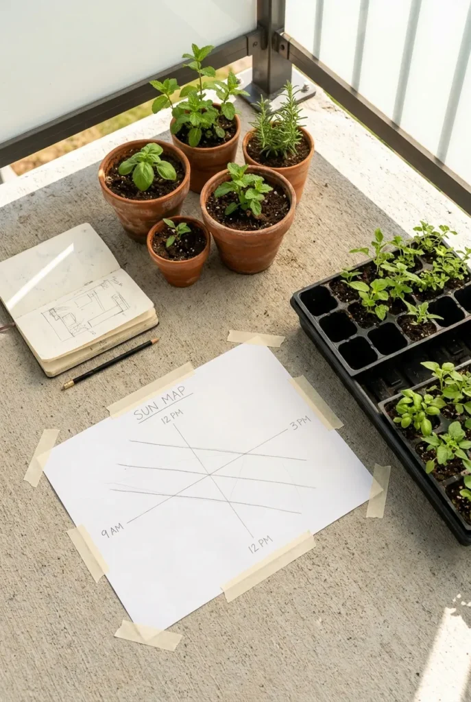 Balcony sun mapping with pots and seedlings to plan a vertical garden layout