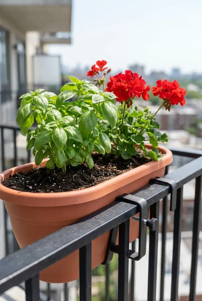 No-drill railing planter clamped to a balcony rail holding basil and geraniums
