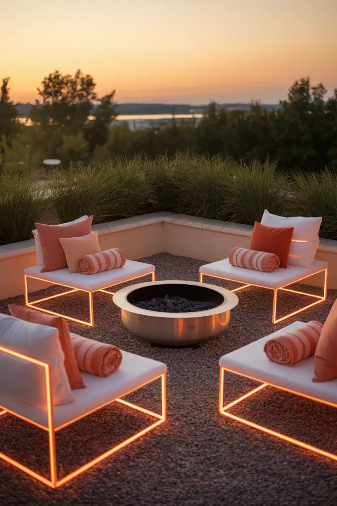 Inexpensive patio fire pit corner styled with pillows and Turkish towel throws at dusk