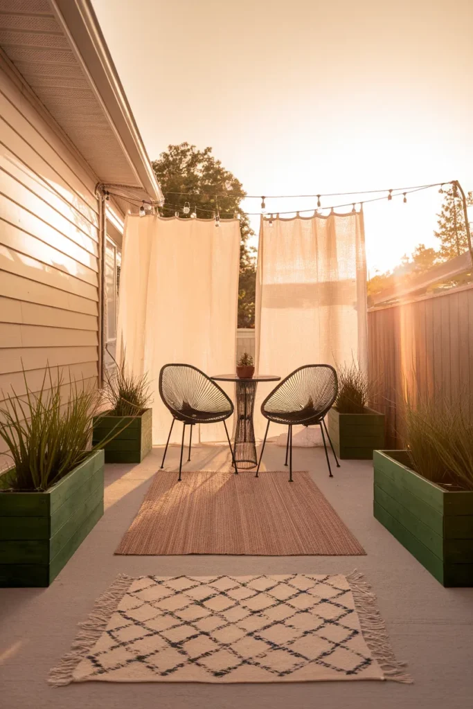 Inexpensive patio ideas budget ladder rug, bistro set, curtains, and fire pit layered in one yard