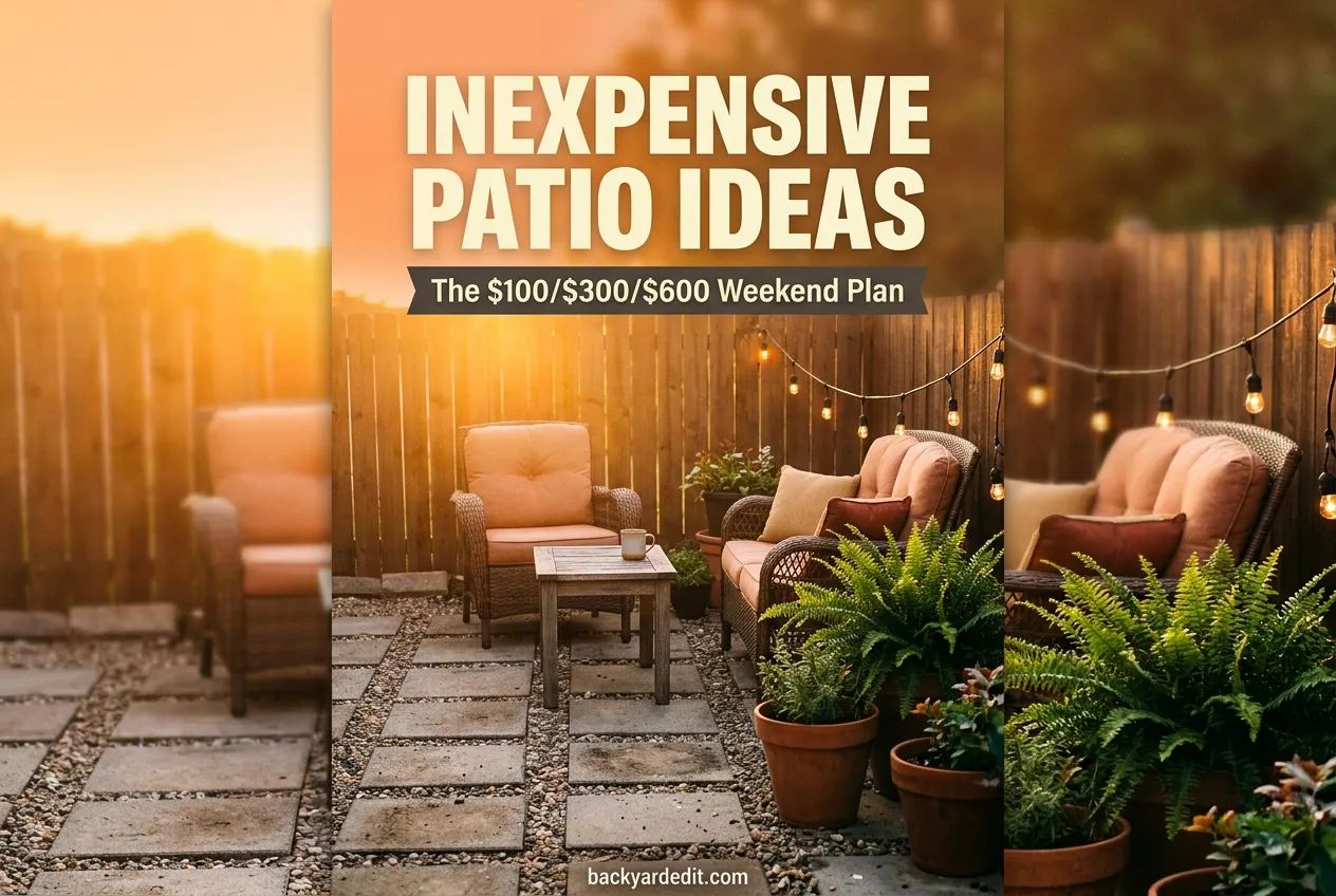 Inexpensive patio ideas featured pin golden hour budget patio with bold overlay title text