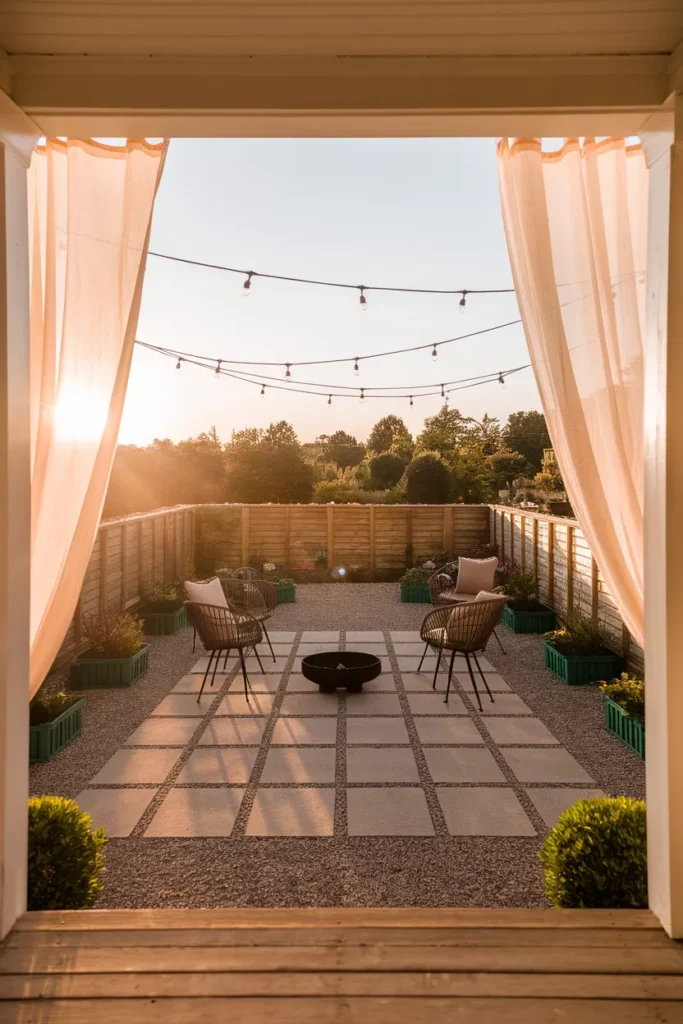 Inexpensive patio ideas finished reveal gravel floor, lights, curtains, and fire bowl at sunset