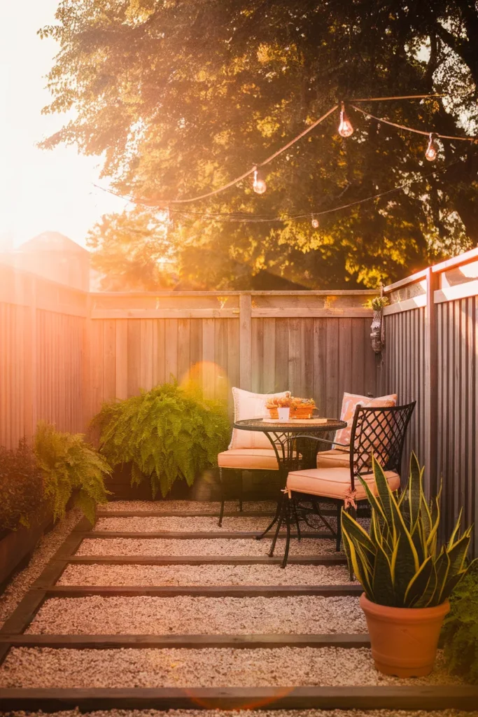 Inexpensive patio ideas hero gravel patio, bistro set, and string lights glowing at golden hour