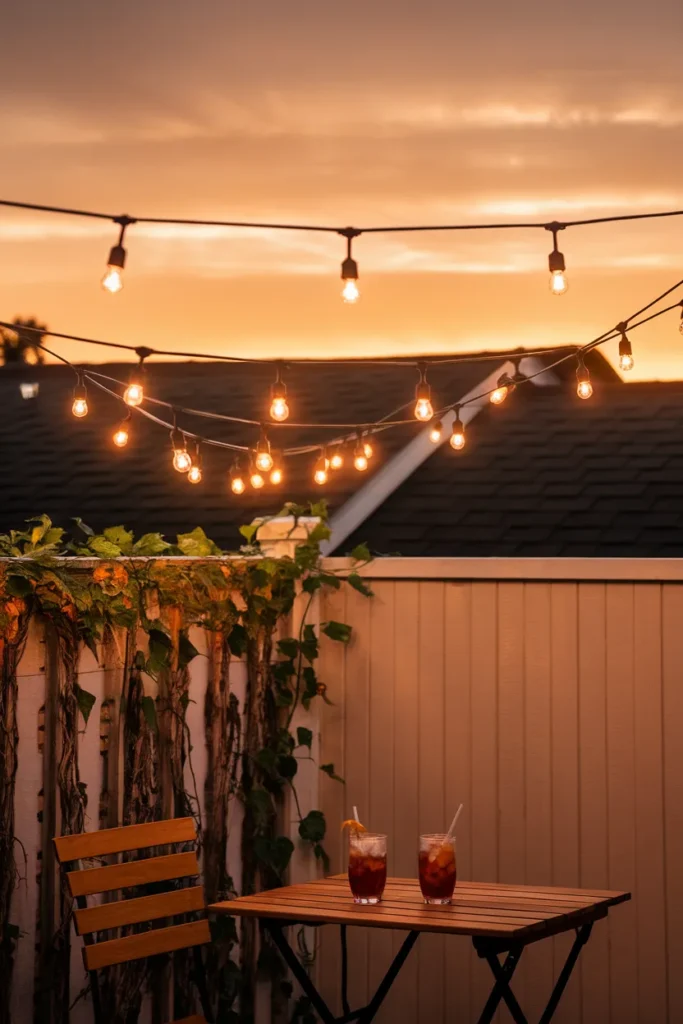 Inexpensive patio lighting cafe string lights glowing over a small patio at golden hour