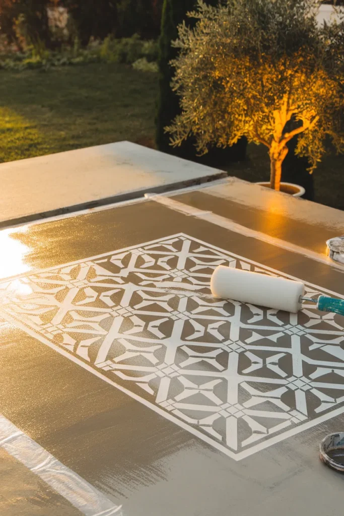 Inexpensive patio makeover stenciling a white tile pattern onto a concrete slab