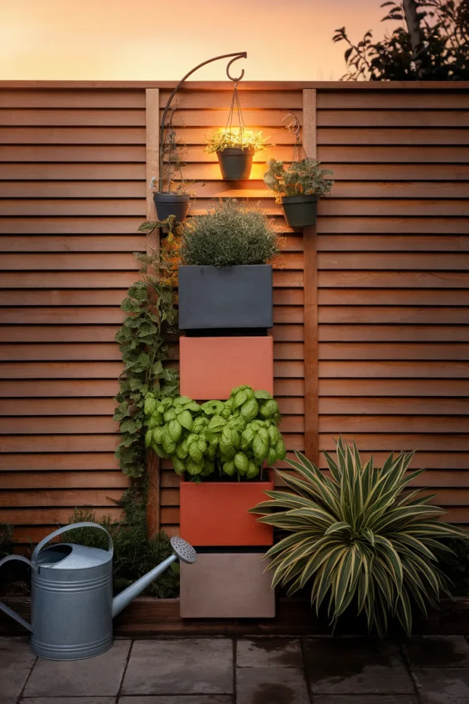 Inexpensive patio plants five staggered containers and a hanging pot wall at sunset