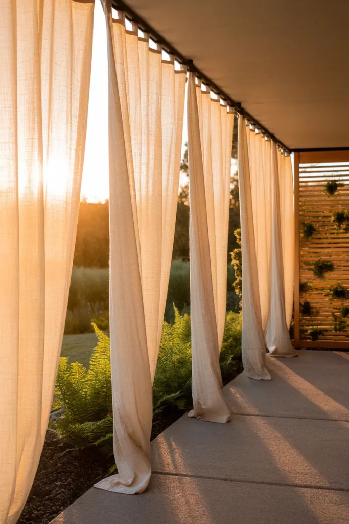 Inexpensive patio privacy backlit drop cloth curtains on a DIY conduit frame