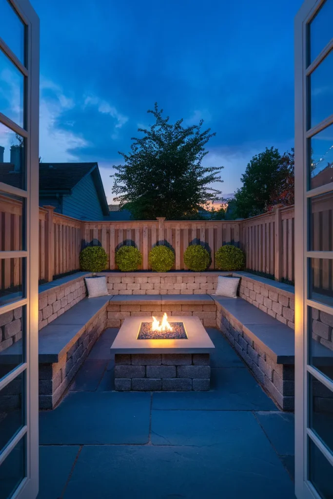 L-shaped fire pit bench seat wall in a small backyard corner at dusk
