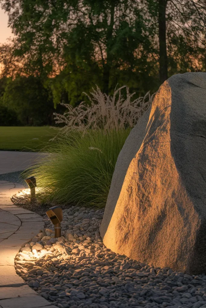 Landscape lighting on front yard rock landscaping boulder at golden hour
