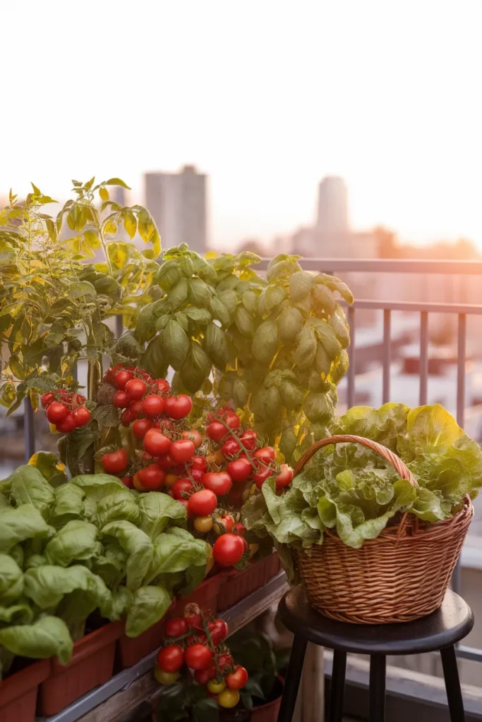 Late-summer balcony vegetable garden full of ripe tomatoes and herbs