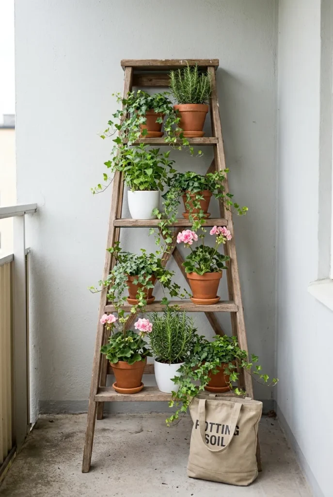 Leaning A-frame ladder plant stand holding pots on a renter balcony, no drilling