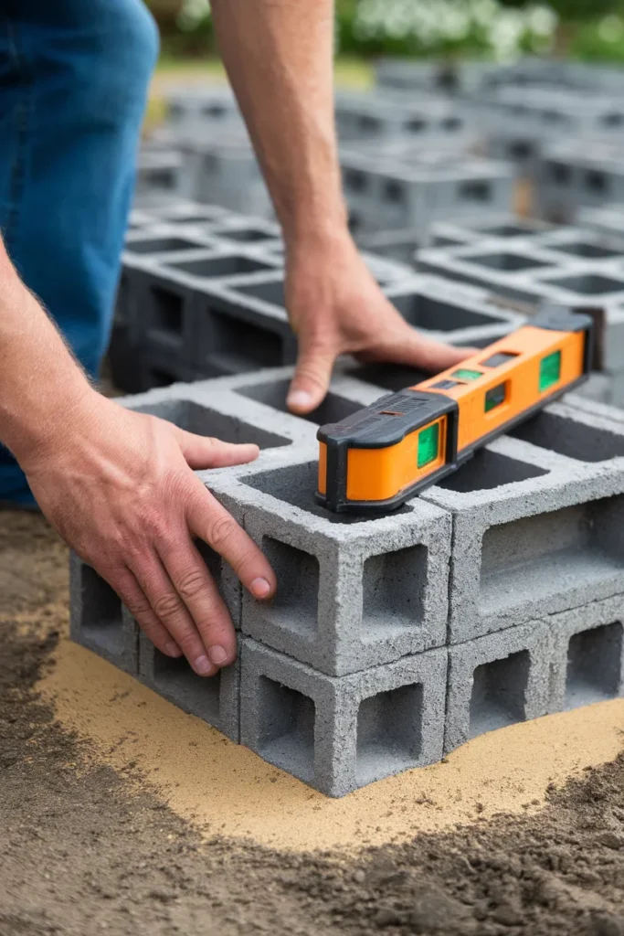 Leveling an 8x8x16 concrete block for a cinderblock raised garden bed base