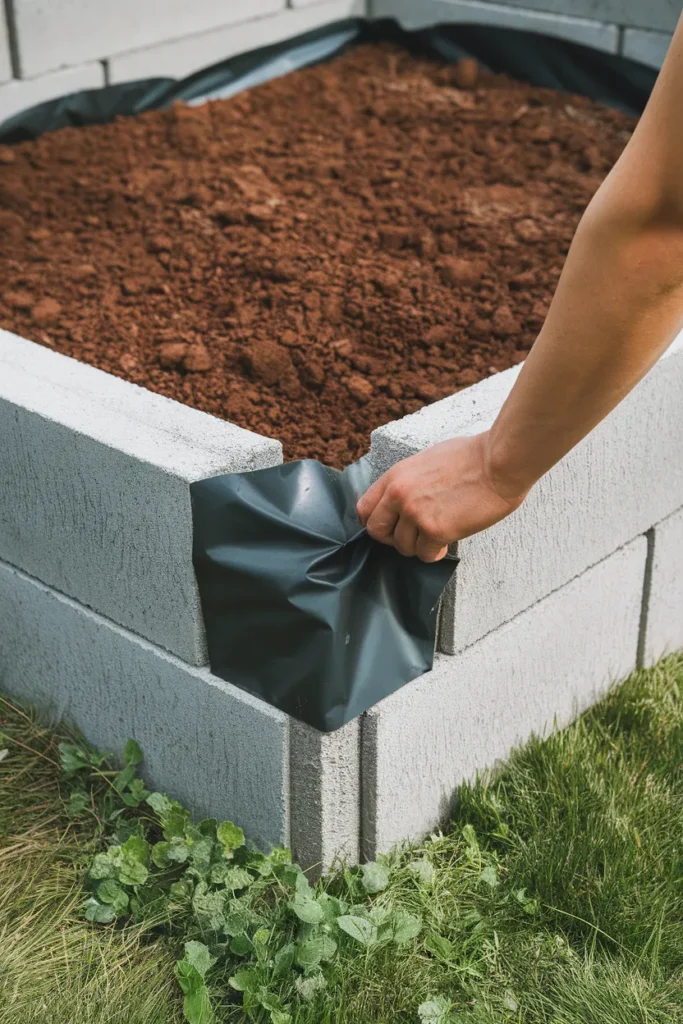 Lining a cinderblock raised garden bed with plastic before adding vegetable soil