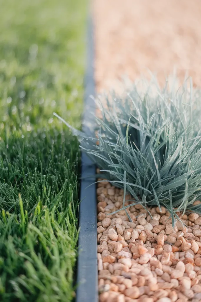 Low maintenance front yard landscaping detail showing steel edging between lawn and gravel