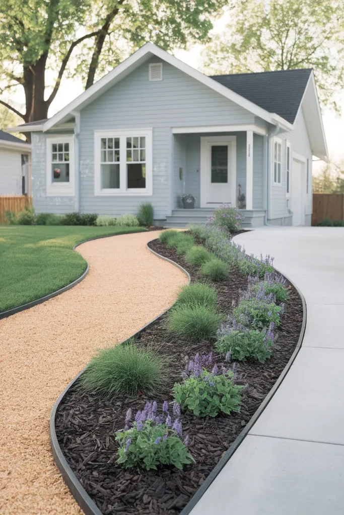 Low maintenance front yard landscaping ideas with gravel, mulch, and dwarf shrubs