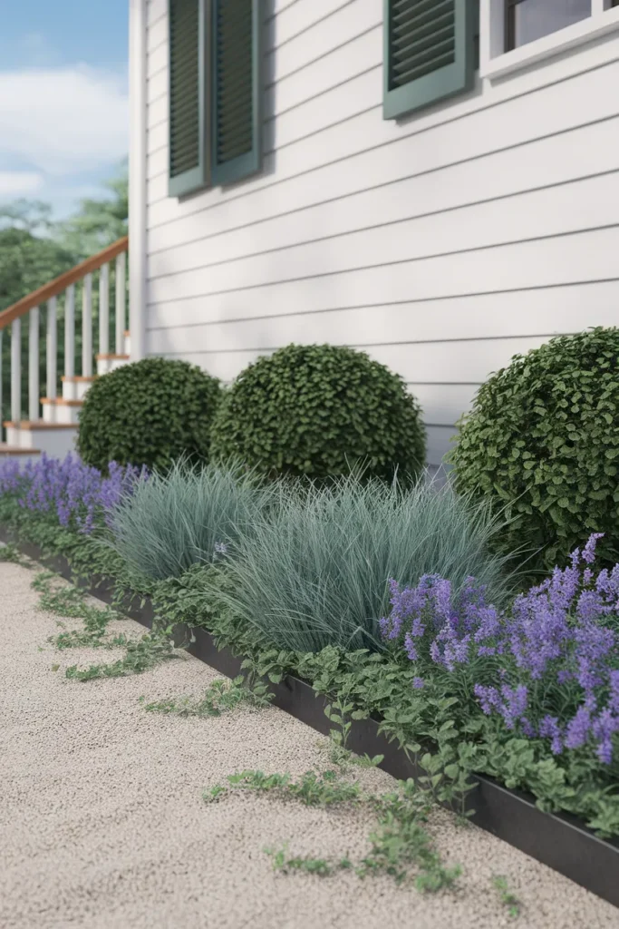Low maintenance front yard landscaping plants including boxwood, blue fescue, and catmint