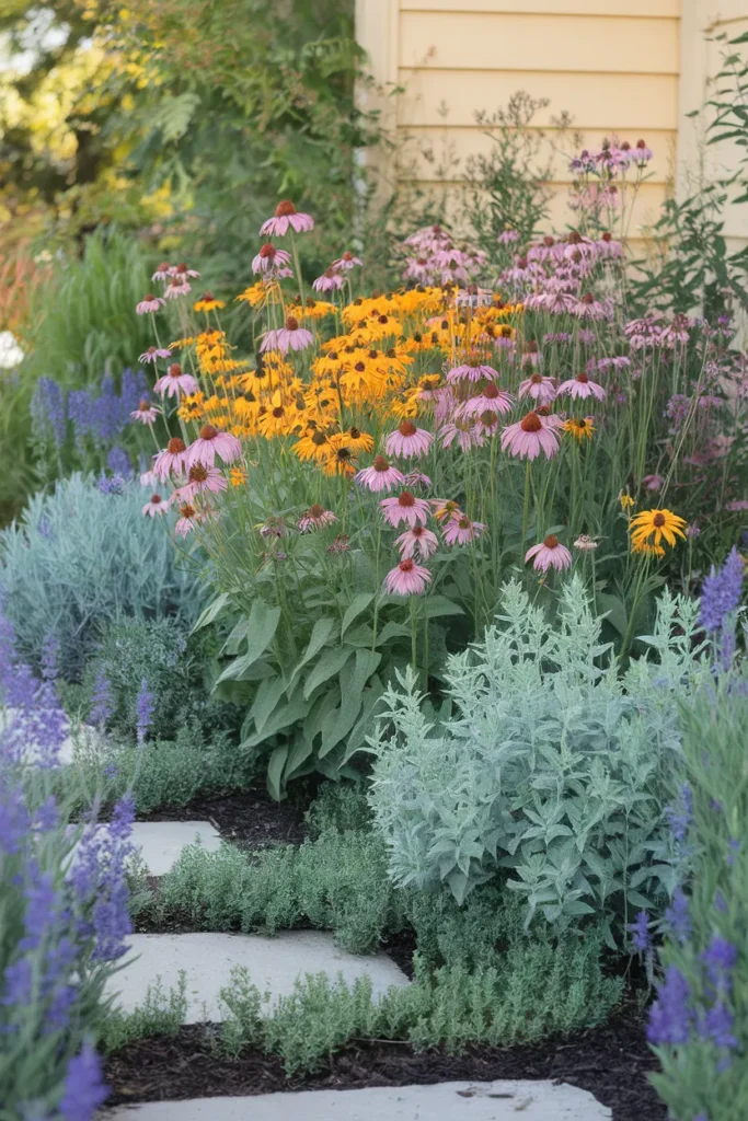Low water small front yard landscaping ideas with coneflower, Russian sage and fescue