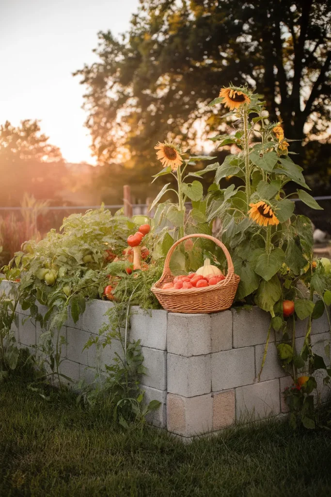 Mature cinderblock raised garden bed full of late summer harvest at golden hour