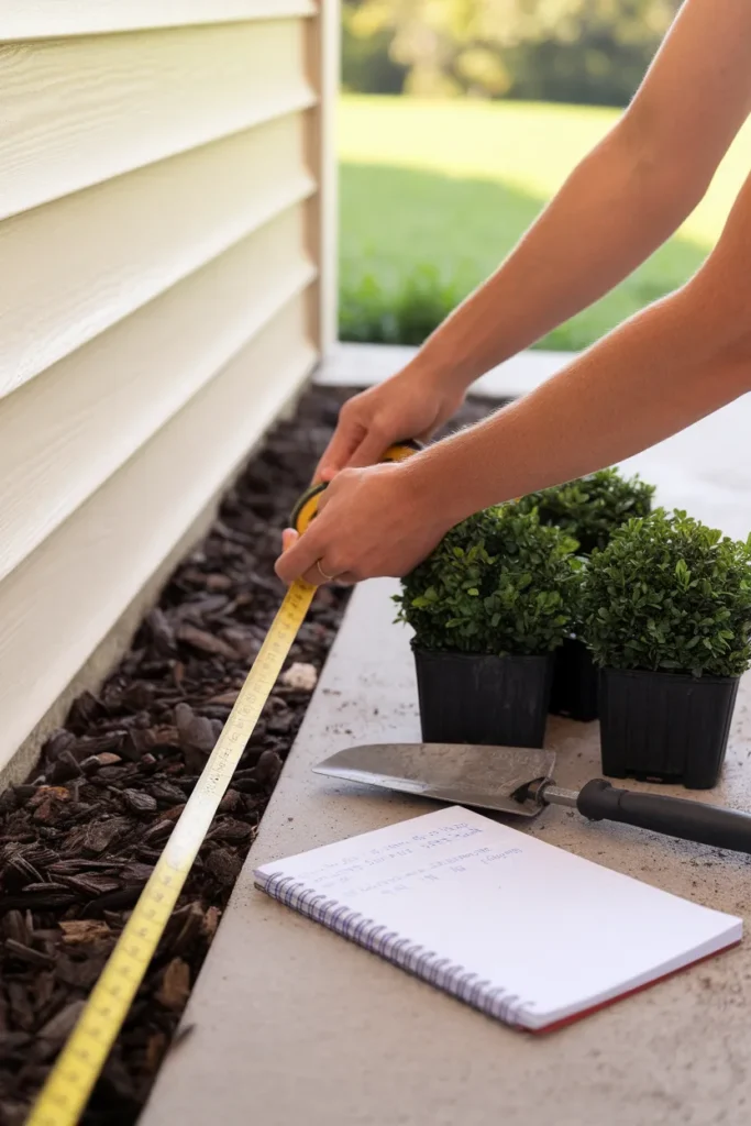 Measuring bed depth for small front yard landscaping ideas with a tape measure