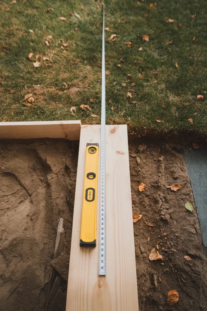 Measuring slope degrees for a fire pit on sloped yard with a board and level