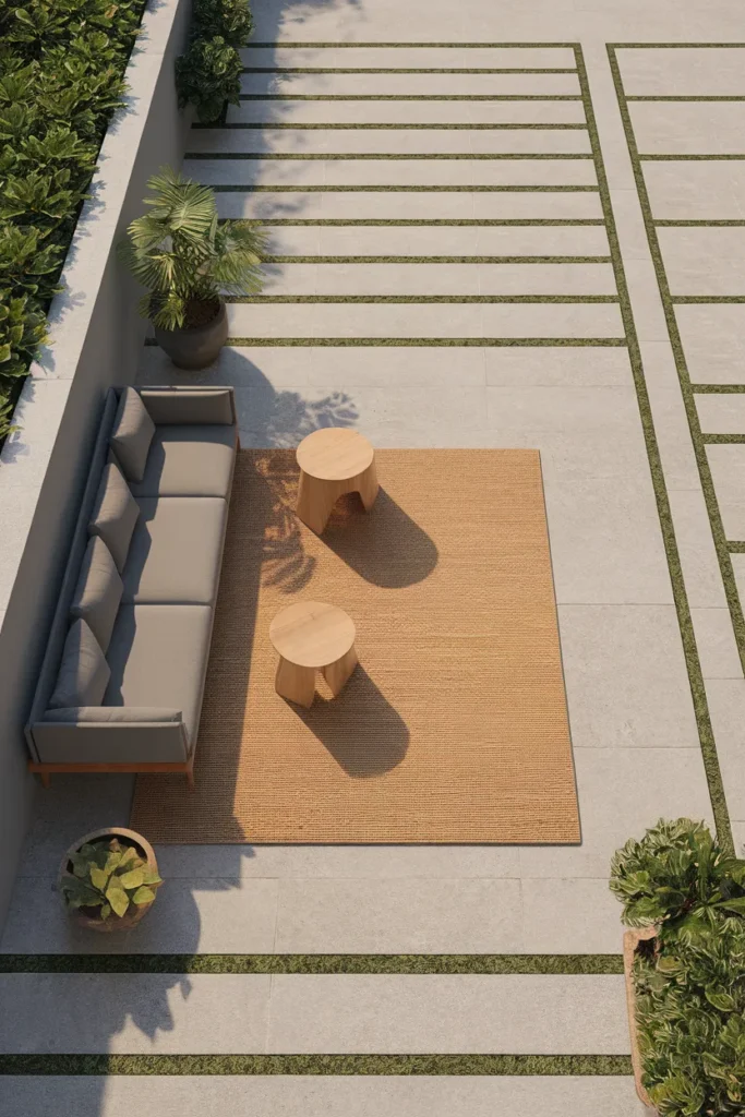 Modern outdoor furniture arranged with one anchor sofa and open negative space on a deck