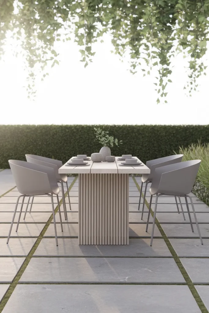 Modern outdoor furniture dining set with slim chairs and a slatted table on a patio