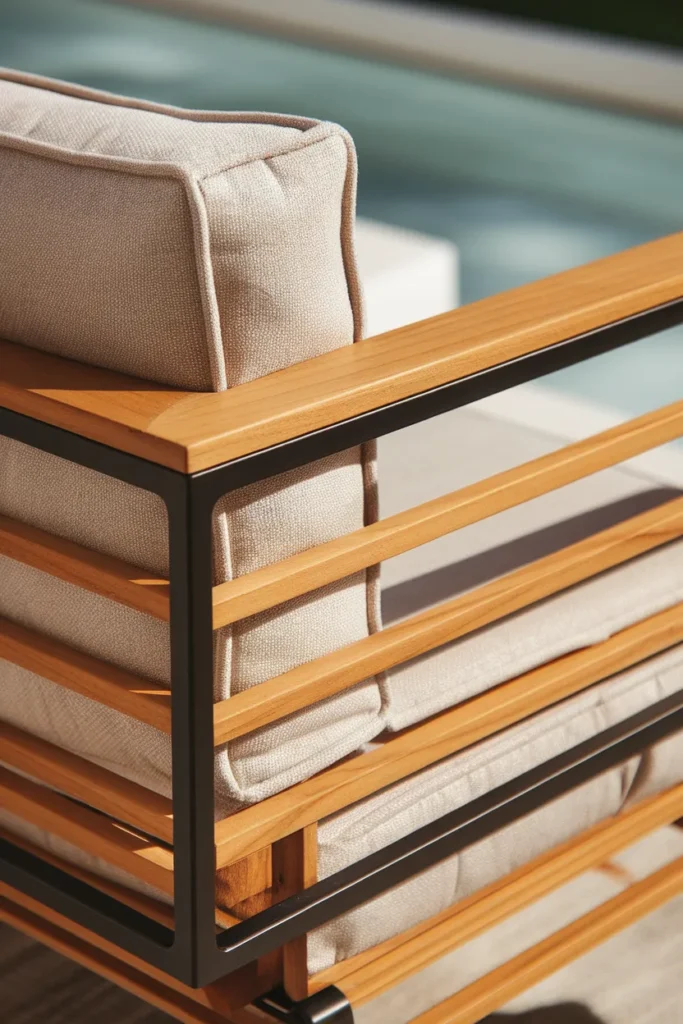 Modern outdoor furniture materials close-up teak grain and matte powder-coated aluminum