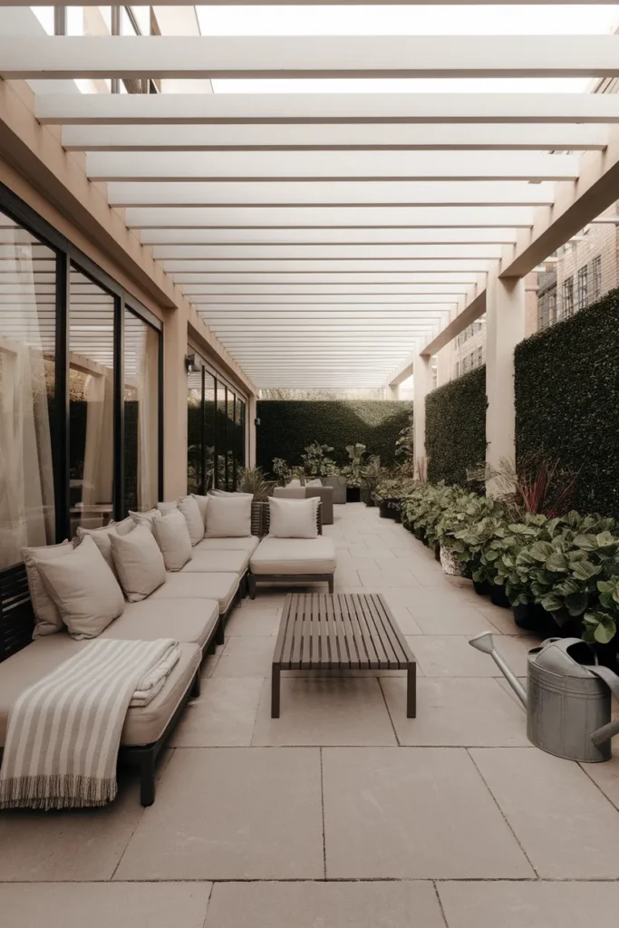 Modern outdoor furniture on a clean patio, cushions fluffed and ready for guests