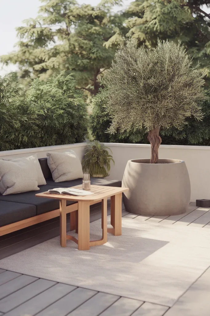 Modern outdoor furniture on a minimalist deck with a low charcoal sectional and teak table
