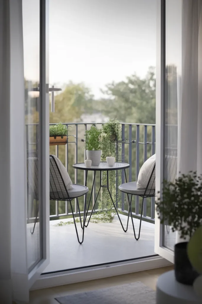 Modern outdoor furniture on a small balcony with a compact bistro set and potted plants