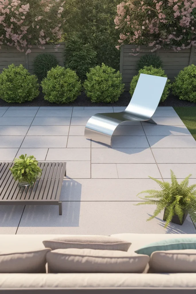 Modern outdoor furniture patio with clean lines, neutral cushions, and open walking space