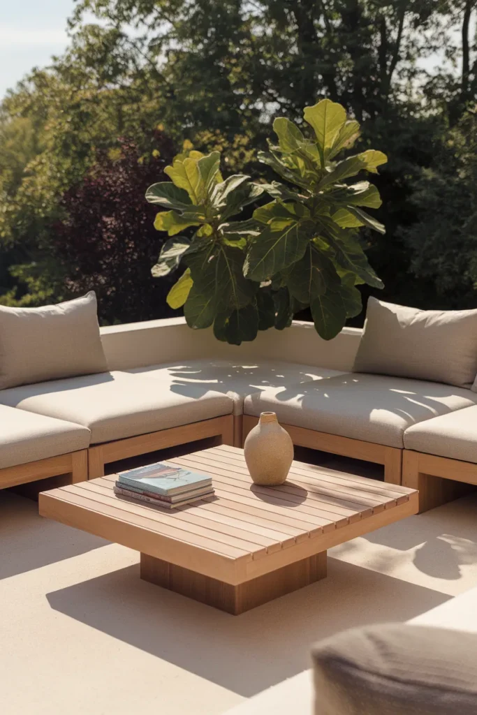 Modern outdoor furniture sectional lounge with linen cushions under bright midday light