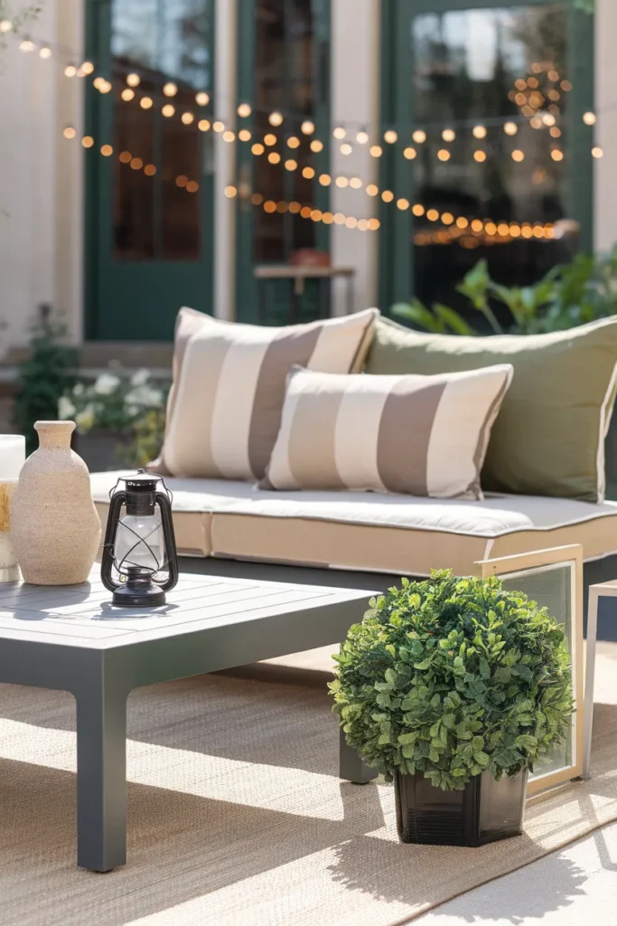 Modern outdoor furniture styling with striped cushions, a flatweave rug, and lanterns