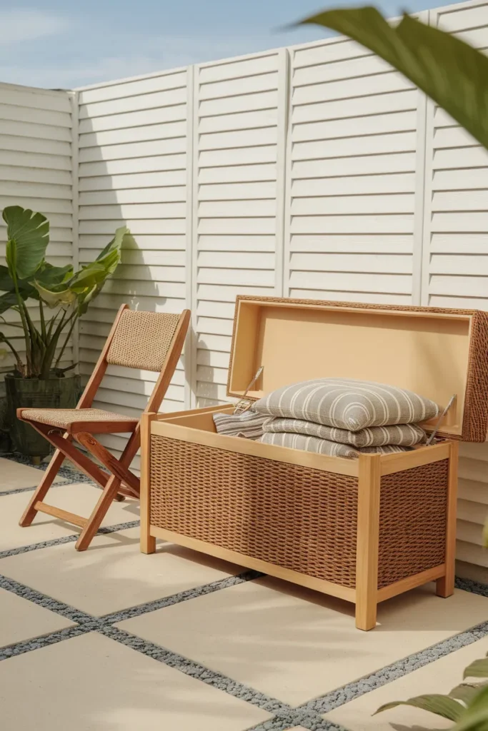 Multi-functional storage bench for a small patio furniture layout