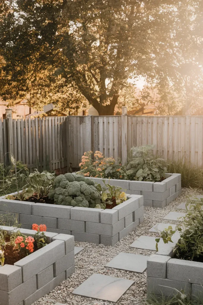 Multiple cinderblock raised garden beds with pea gravel paths in a backyard