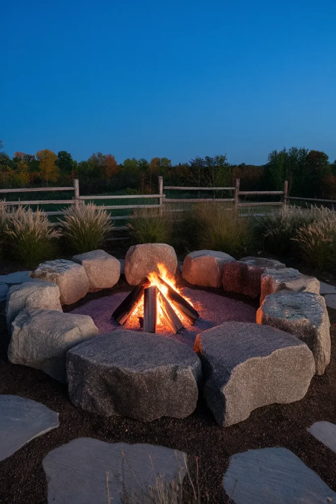 Natural stone fire pit built from irregular granite fieldstone boulders at dusk