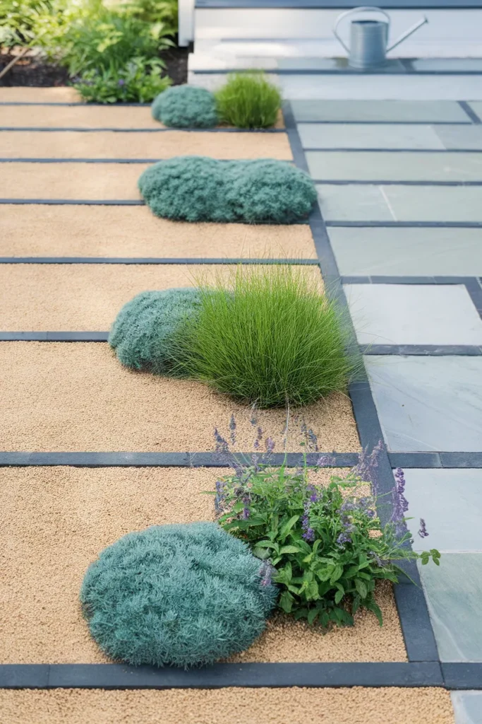 No grass small front yard landscaping ideas with gravel, fescue and paver walkway