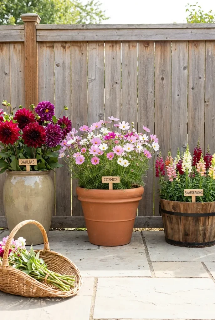 One-pot-per-job layout for a cut flower container garden with focal filler texture pots