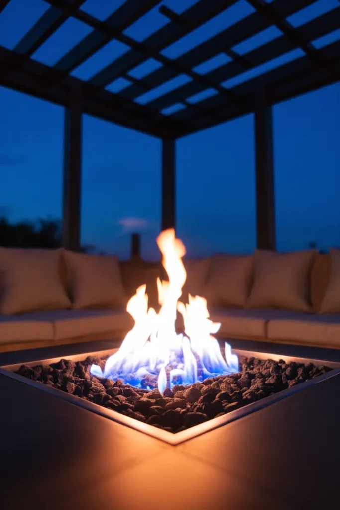 Outdoor fire pit pergola burning low in a black aluminum frame at dusk