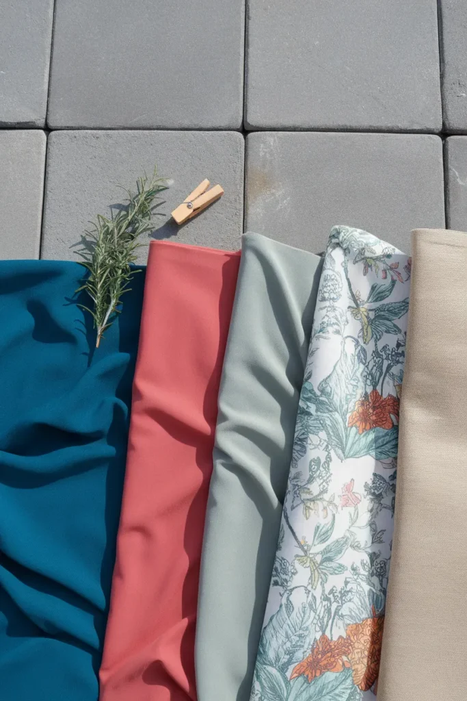 Outdoor furniture cushion fabric swatches ranked from acrylic to cotton