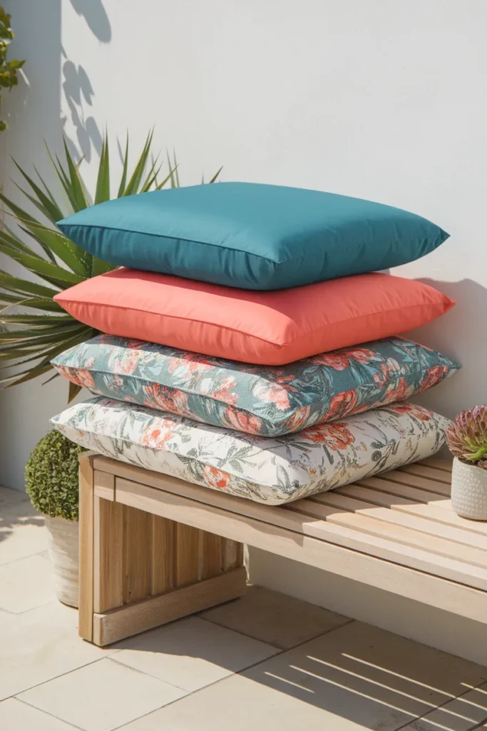 Outdoor furniture cushions in budget, mid, and premium fabric tiers stacked