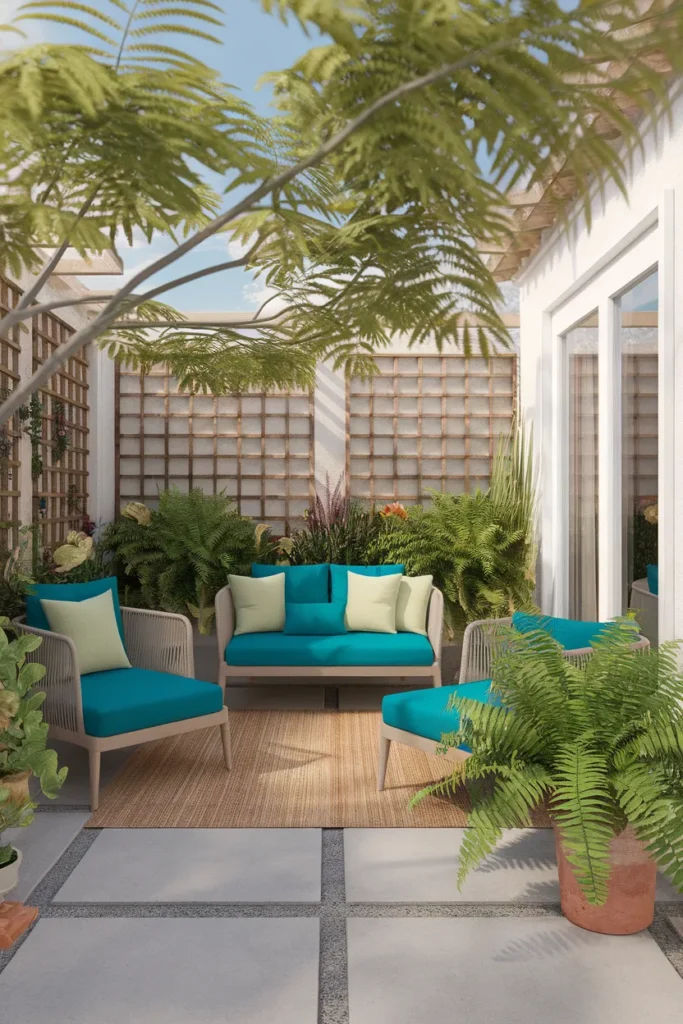 Outdoor furniture cushions in vivid teal and ivory on a sunny patio sofa