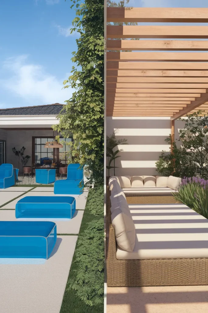 Outdoor furniture cushions matched to full sun and shaded patio zones