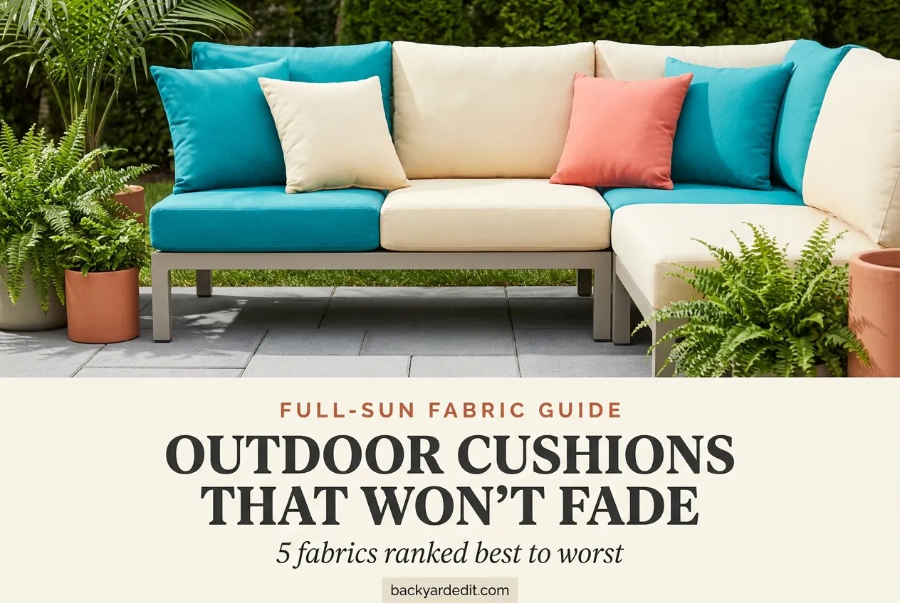 Outdoor furniture cushions on a sunny patio with a fade-proof fabric guide overlay